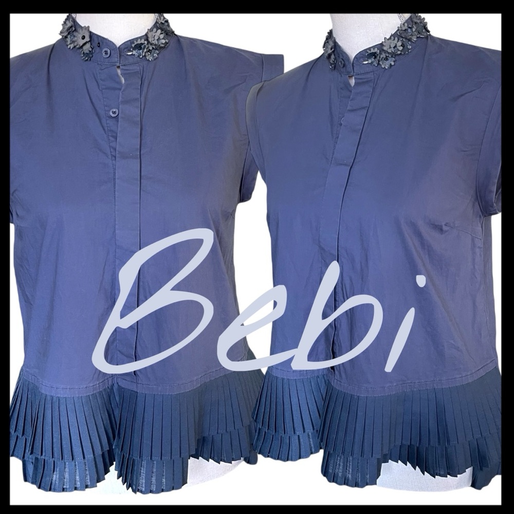 Bebi (Korea) Navy Cotton Cap Sleeve Pleated Hem Floral Applique Collar Top (6)